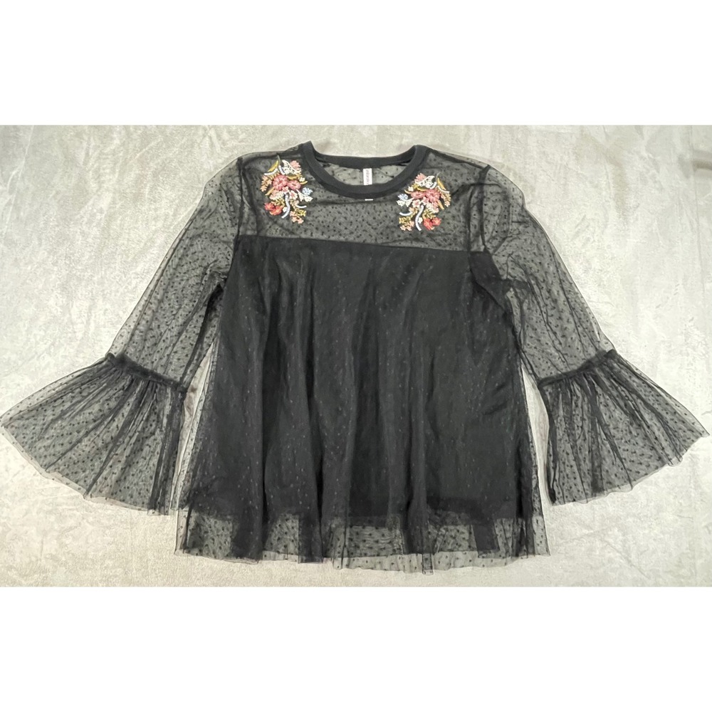 Xhilaration Mesh Top Women Medium Black Lined Floral Embroidered Bell Sleeve